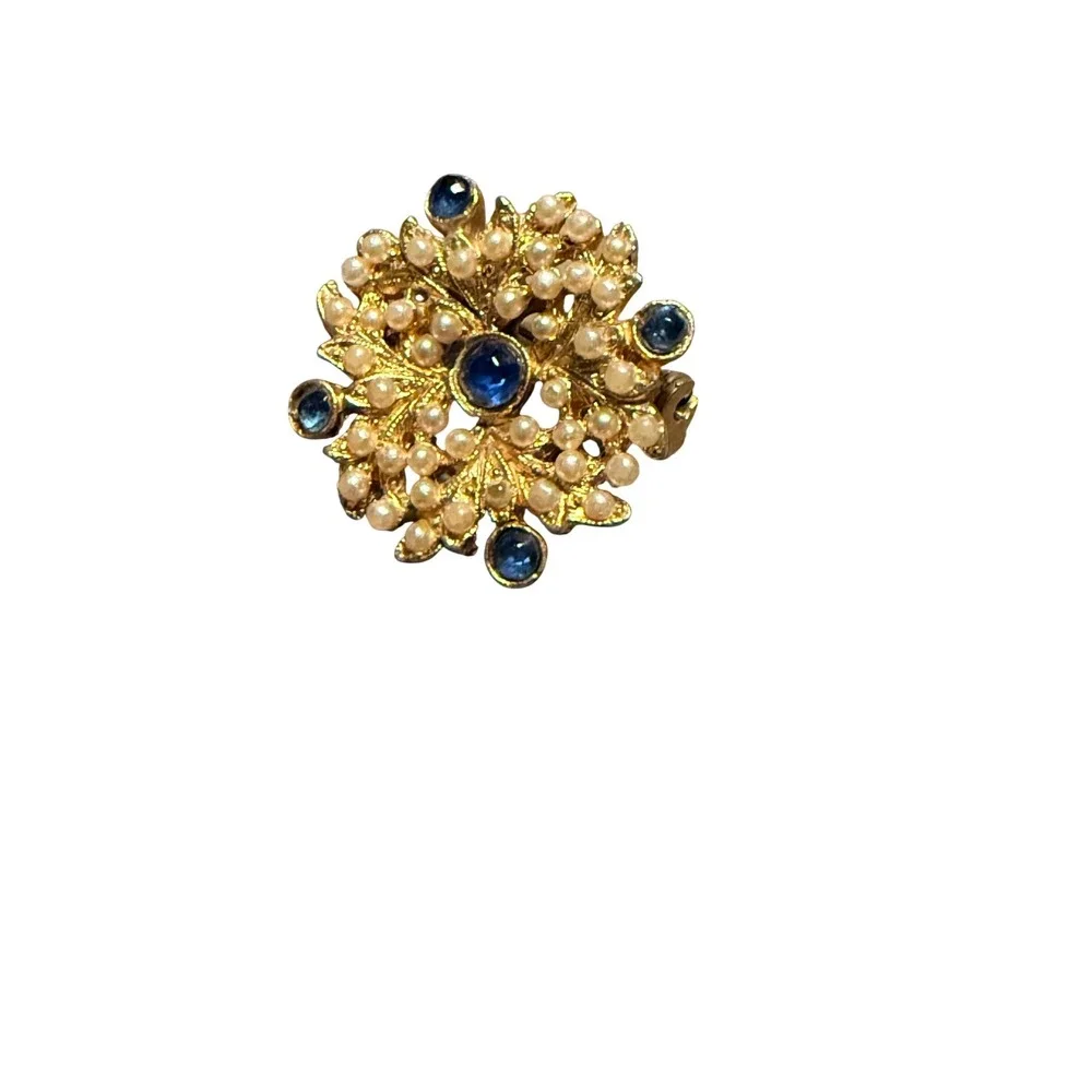 Vintage Gold Tone Faux Pearl Blue Cabochon Floral Cluster Brooch Pin Victorian